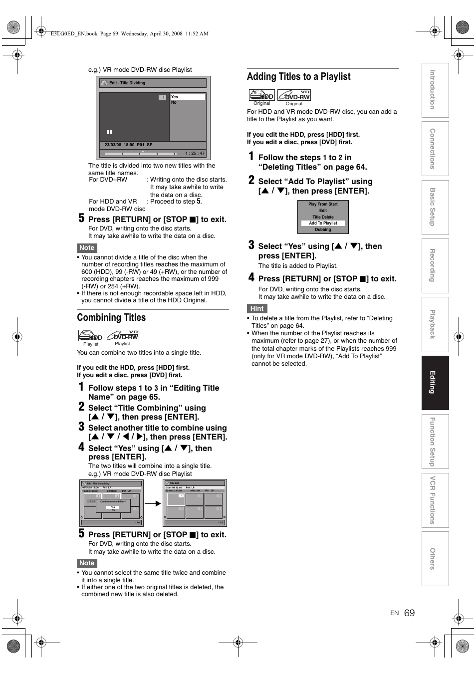 Combining titles, Adding ti tles to a playlist | Toshiba RD-XV48KE User Manual | Page 69 / 92