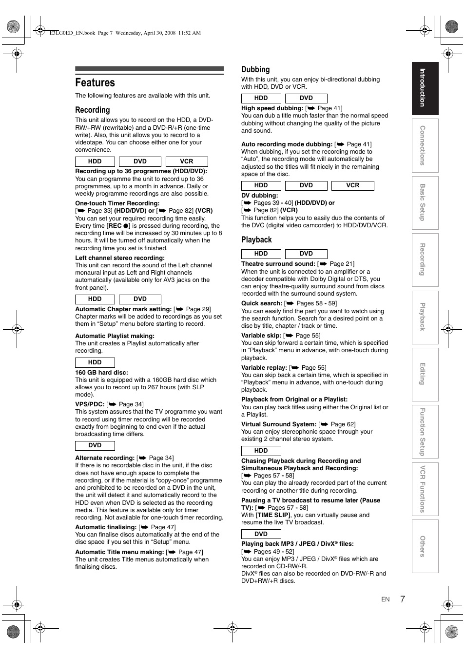 Features, Recording, Dubbing | Playback | Toshiba RD-XV48KE User Manual | Page 7 / 92