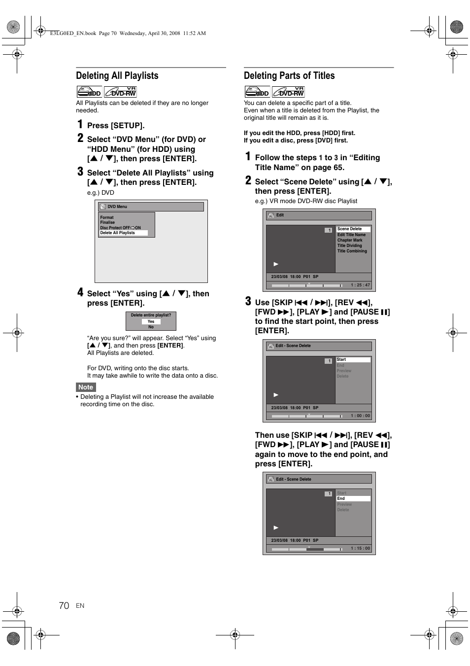 Deleting all playlists, Deleting parts of titles | Toshiba RD-XV48KE User Manual | Page 70 / 92