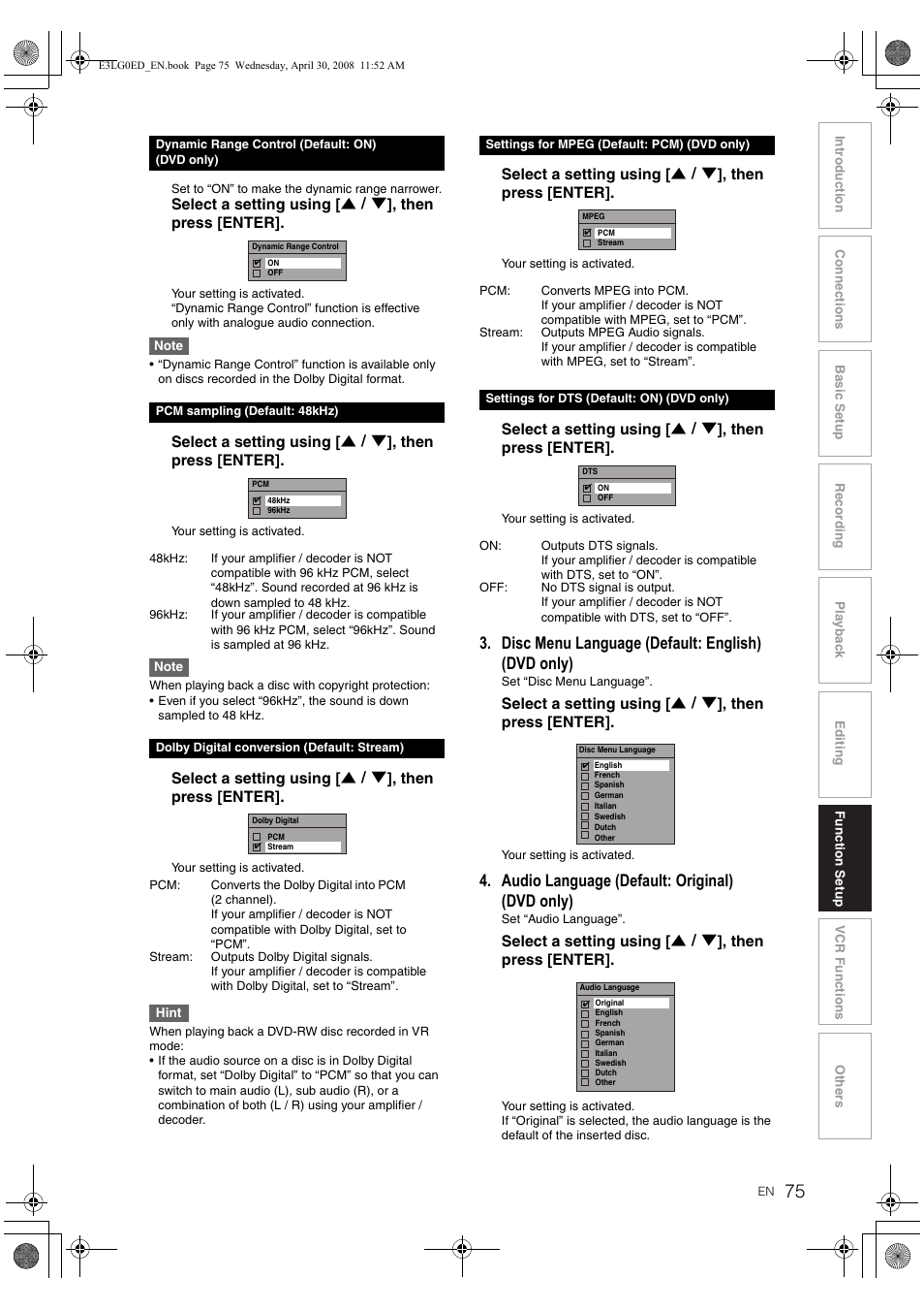 Disc menu language (default: english) (dvd only), Audio language (defaul t: original ) (dvd only) | Toshiba RD-XV48KE User Manual | Page 75 / 92