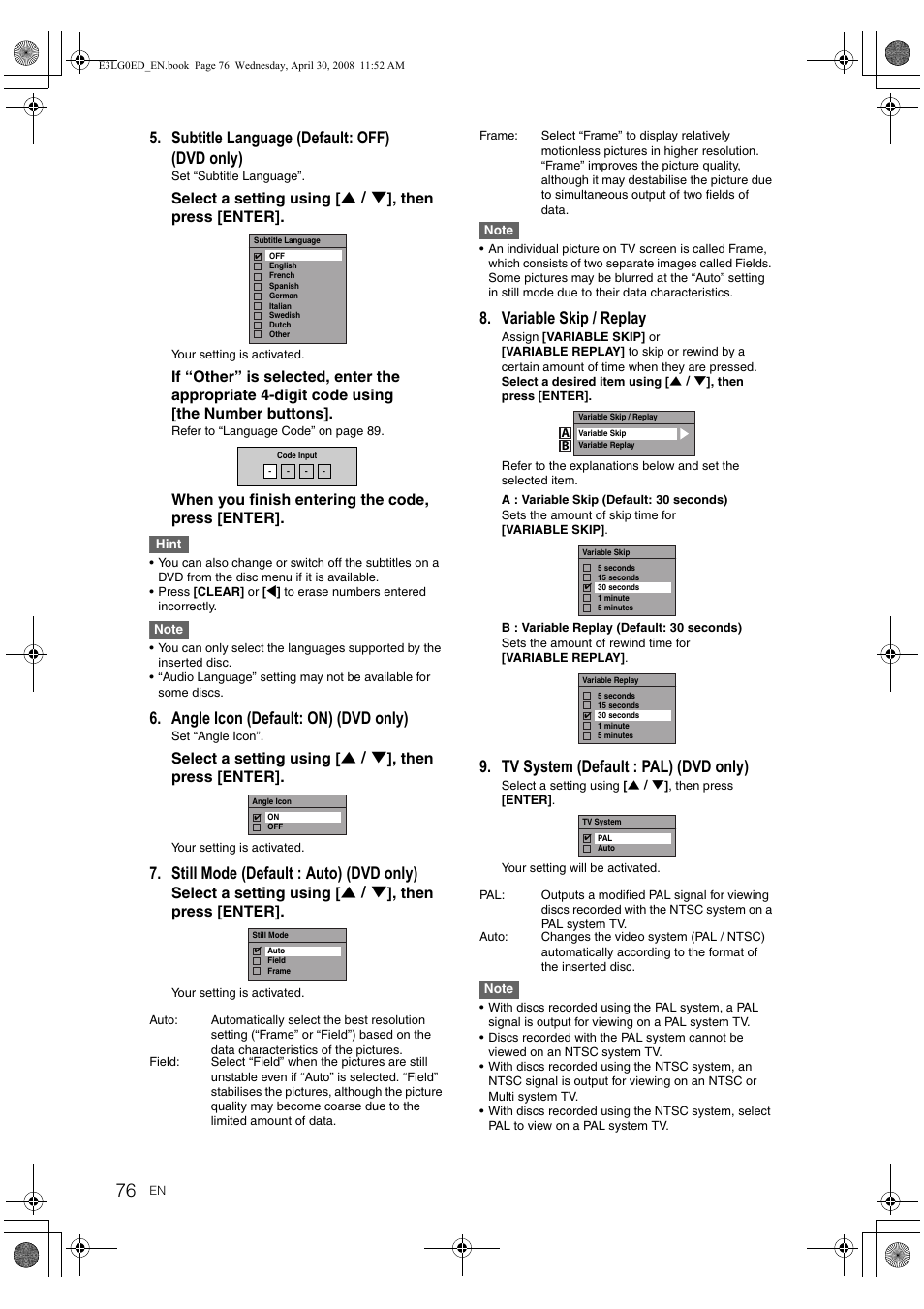 Subtitle language (default: off) (dvd only), Angle icon (default: on) (dvd only), Still mode (default : auto) (dvd only) | Variable skip / replay, Tv system (default : pal) (dvd only) | Toshiba RD-XV48KE User Manual | Page 76 / 92