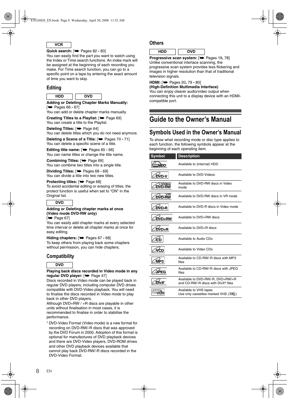 Guide to the owner’s manual, Symbols used in the owner’s manual, Editing | Compatibility, Others | Toshiba RD-XV48KE User Manual | Page 8 / 92