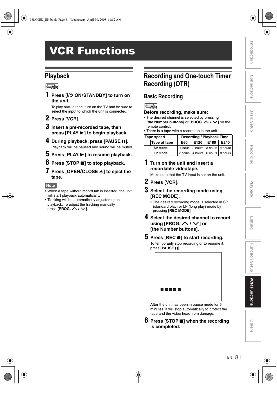 Vcr functions, Playback 1, Recording and one-touch timer recording (otr) | Basic recording | Toshiba RD-XV48KE User Manual | Page 81 / 92