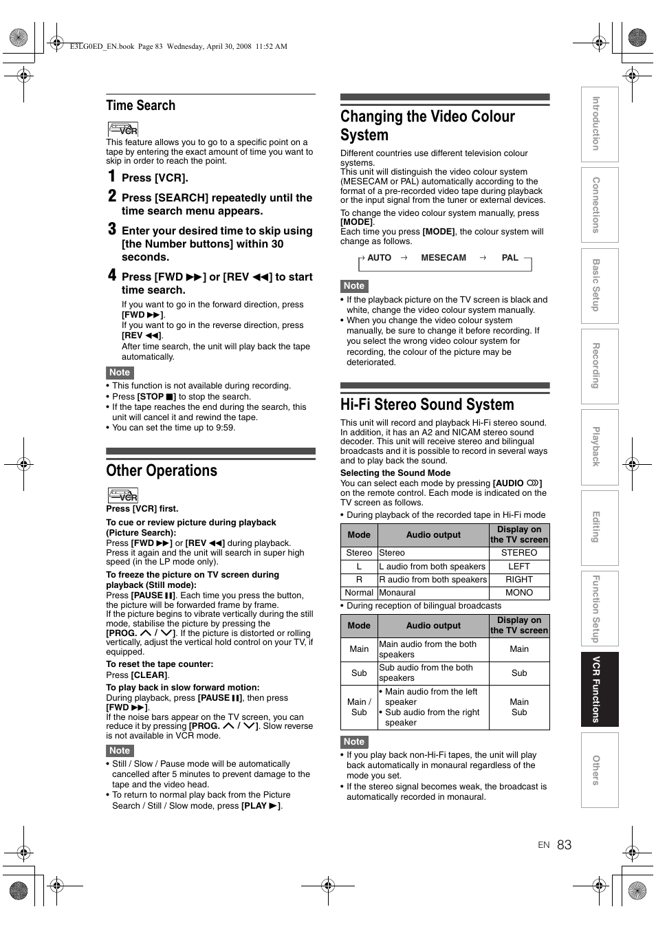 Other operations, Changing the video colour system, Hi-fi stereo sound system | Time search | Toshiba RD-XV48KE User Manual | Page 83 / 92