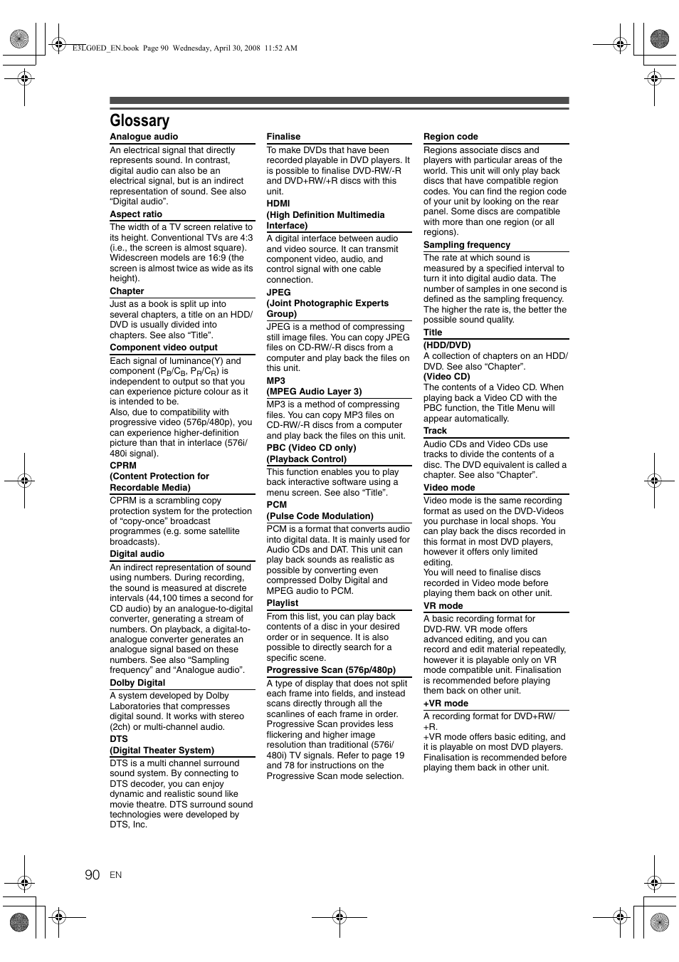 Glossary | Toshiba RD-XV48KE User Manual | Page 90 / 92