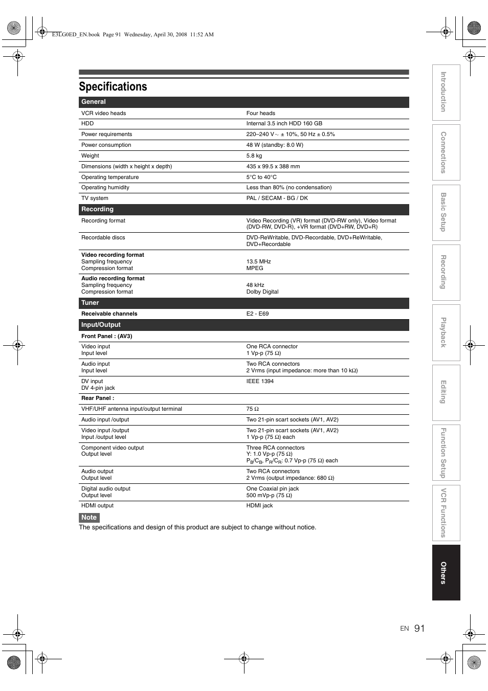 Specifications | Toshiba RD-XV48KE User Manual | Page 91 / 92