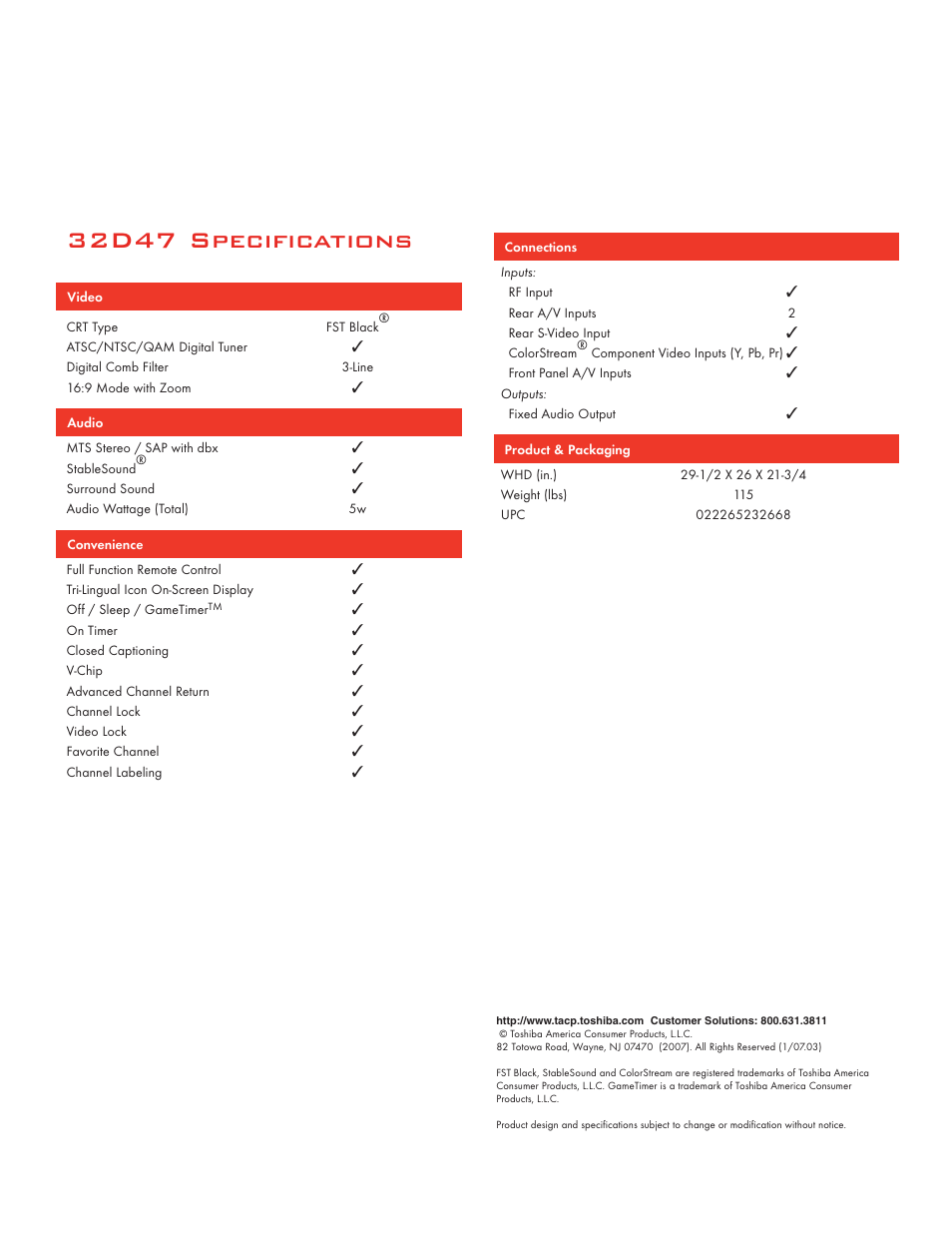 32d47 specifications | Toshiba 32D47 User Manual | Page 2 / 2