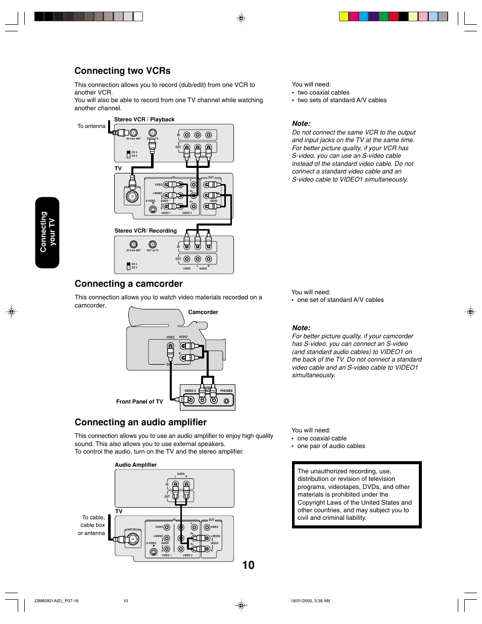Connecting two vcrs, Connecting a camcorder, Connecting an audio amplifier | Connecting your tv, Camcorder front panel of tv, Stereo vcr / playback tv stereo vcr/ recording | Toshiba 24AF45C User Manual | Page 10 / 32