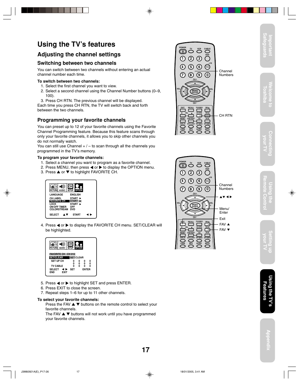 Using the tv’s features, Adjusting the channel settings, Switching between two channels | Programming your favorite channels, Using the tv ’s features | Toshiba 24AF45C User Manual | Page 17 / 32