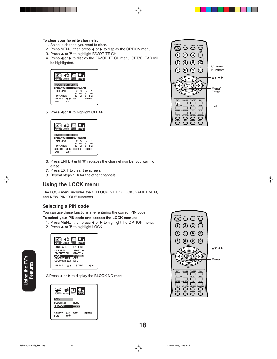 Using the lock menu, Selecting a pin code, Using the tv’ s features | Press or to display the blocking menu | Toshiba 24AF45C User Manual | Page 18 / 32