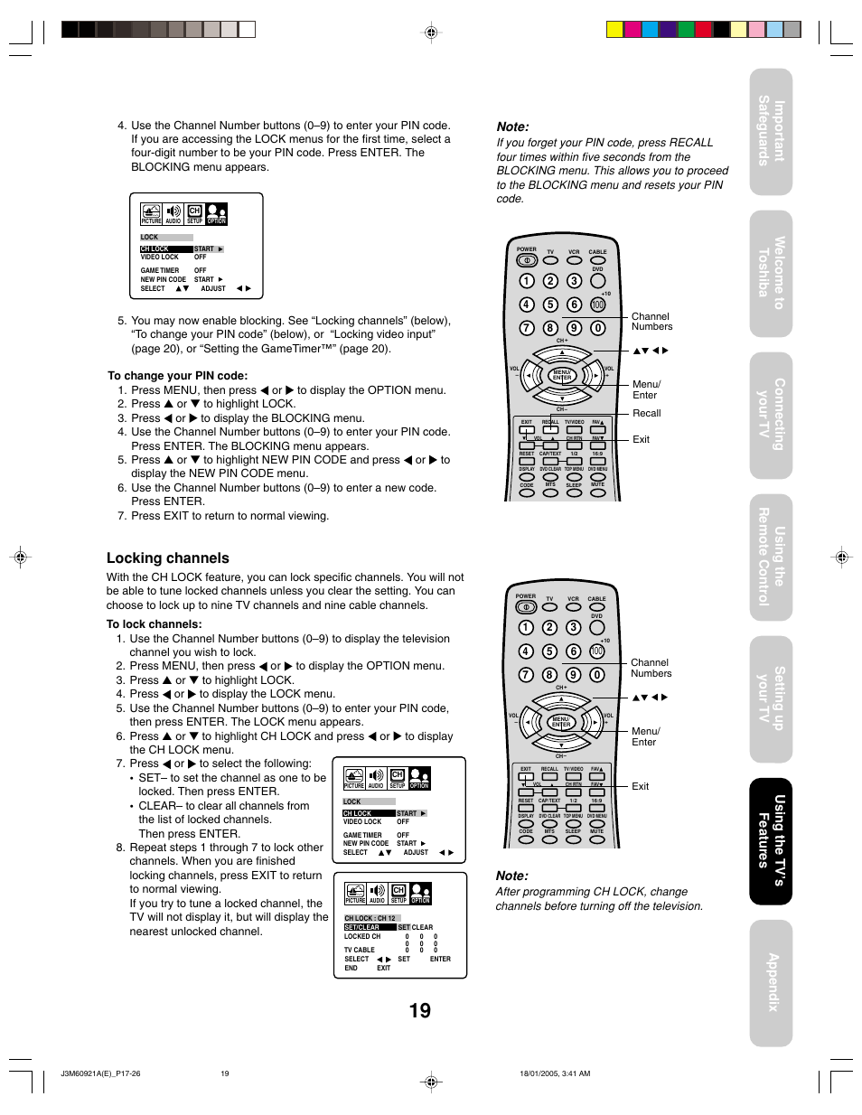 Locking channels, Using the tv ’s features | Toshiba 24AF45C User Manual | Page 19 / 32