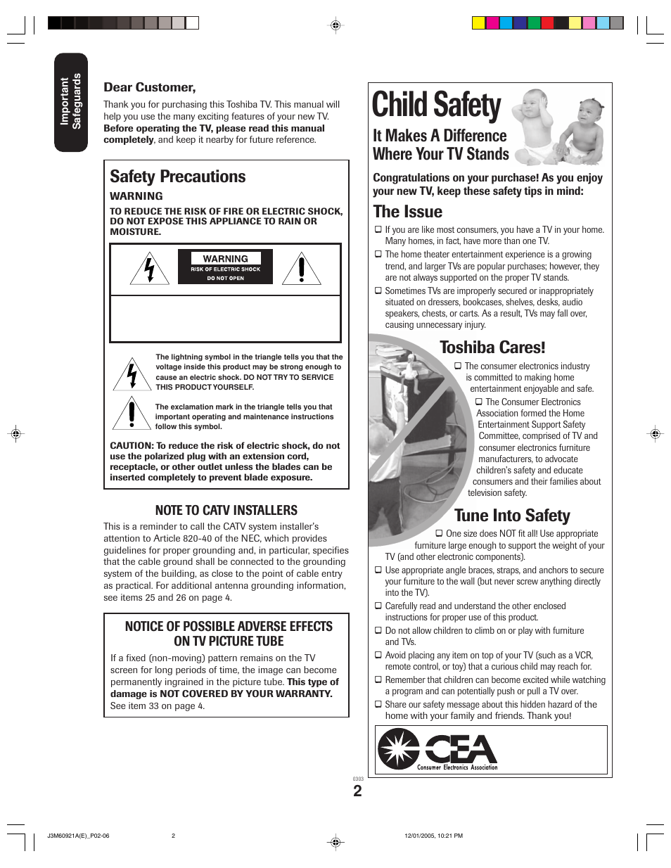 Child safety, It makes a difference where your tv stands, The issue | Toshiba cares, Tune into safety, Safety precautions | Toshiba 24AF45C User Manual | Page 2 / 32