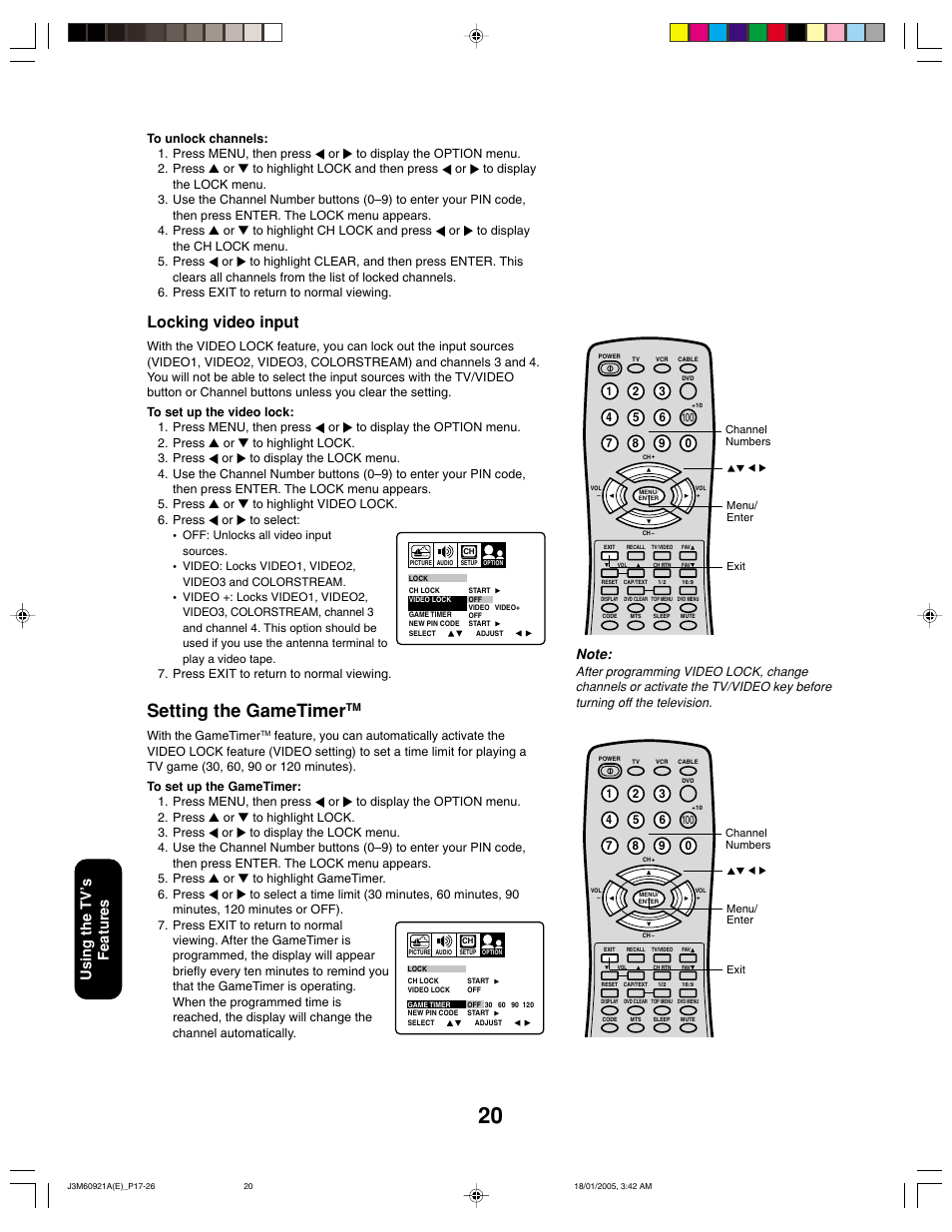 Setting the gametimer, Locking video input, Using the tv ’s features | Toshiba 24AF45C User Manual | Page 20 / 32