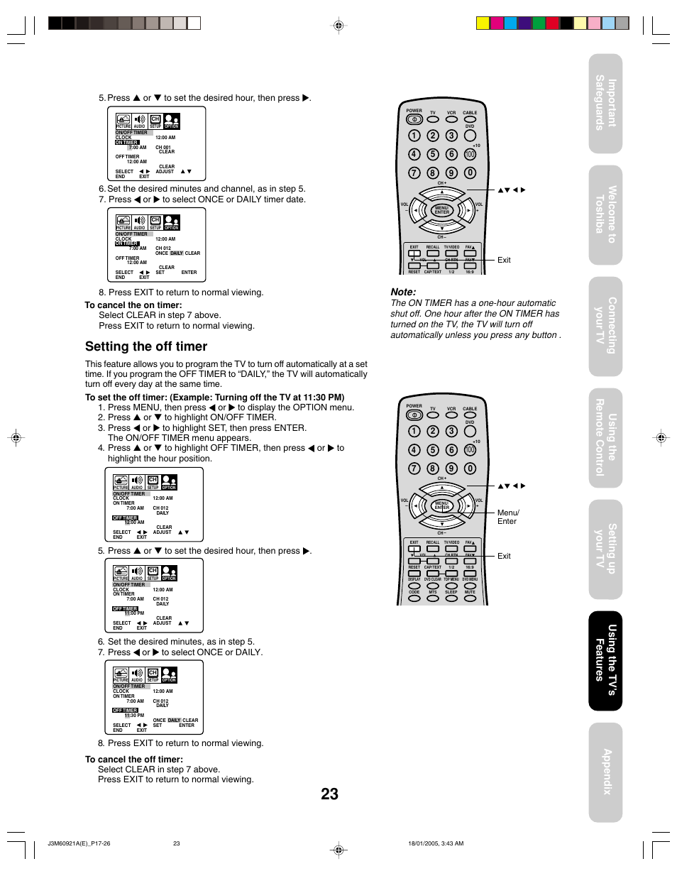 Setting the off timer, Using the tv ’s features | Toshiba 24AF45C User Manual | Page 23 / 32