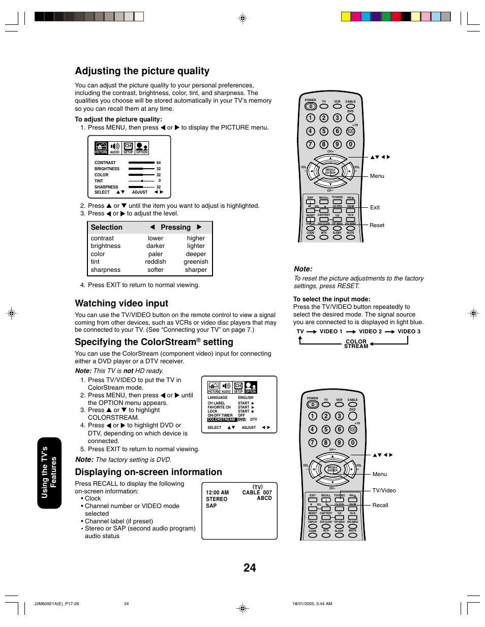 Adjusting the picture quality, Displaying on-screen information, Watching video input | Specifying the colorstream, Setting, Using the tv ’s features, Selection pressing | Toshiba 24AF45C User Manual | Page 24 / 32