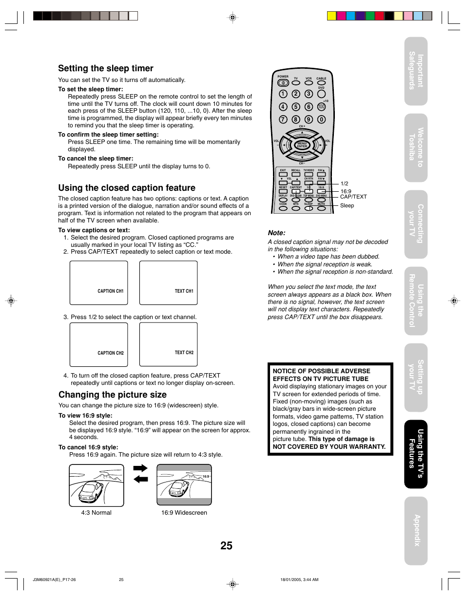 Setting the sleep timer, Using the closed caption feature, Changing the picture size | Using the tv ’s features | Toshiba 24AF45C User Manual | Page 25 / 32