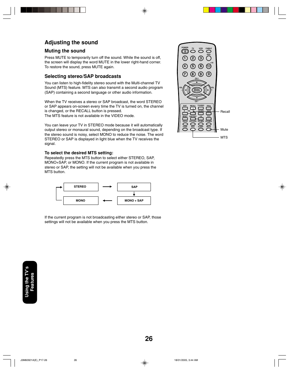 Adjusting the sound, Muting the sound, Selecting stereo/sap broadcasts | Using the tv ’s features | Toshiba 24AF45C User Manual | Page 26 / 32