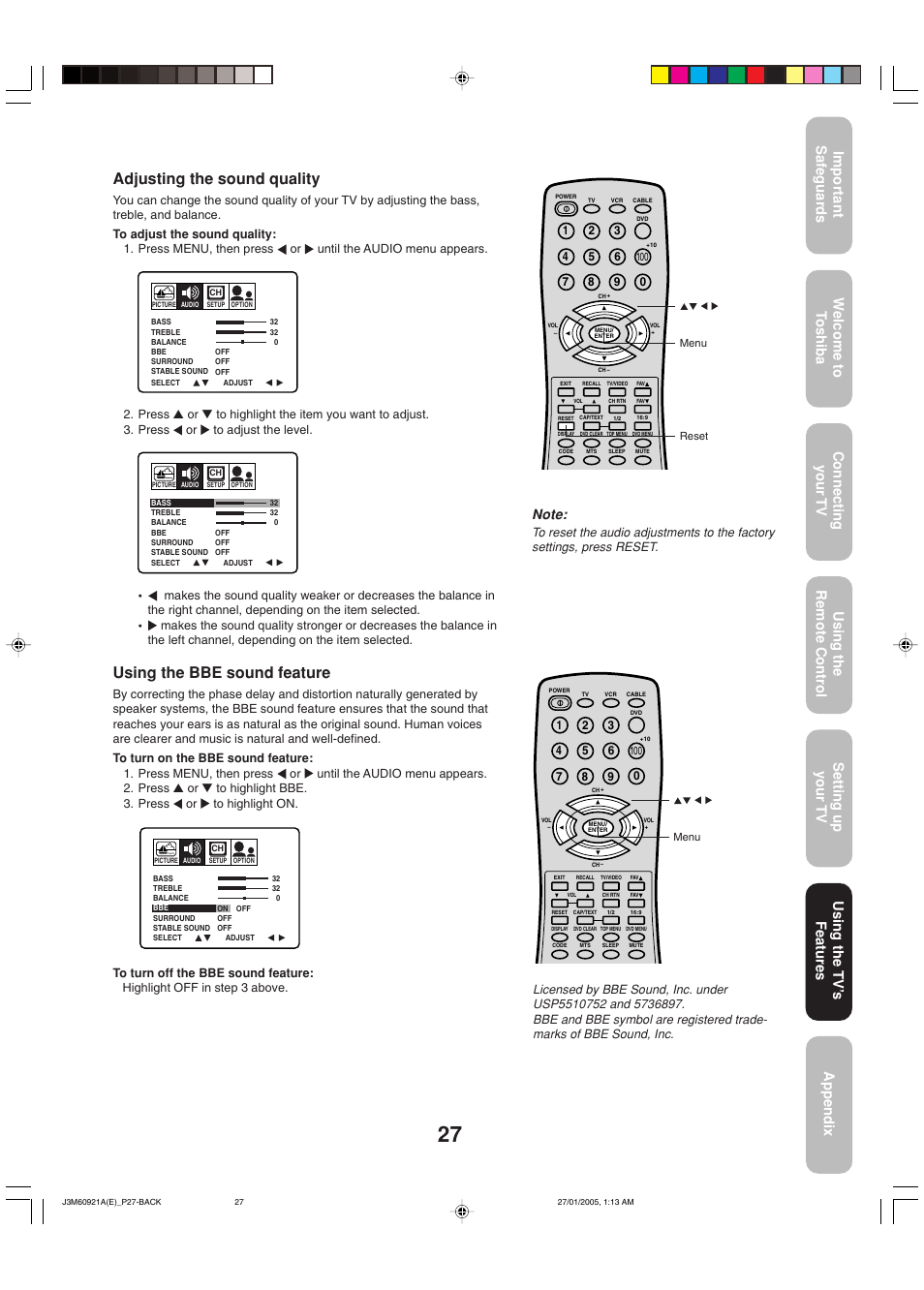 Adjusting the sound quality, Using the bbe sound feature | Toshiba 24AF45C User Manual | Page 27 / 32