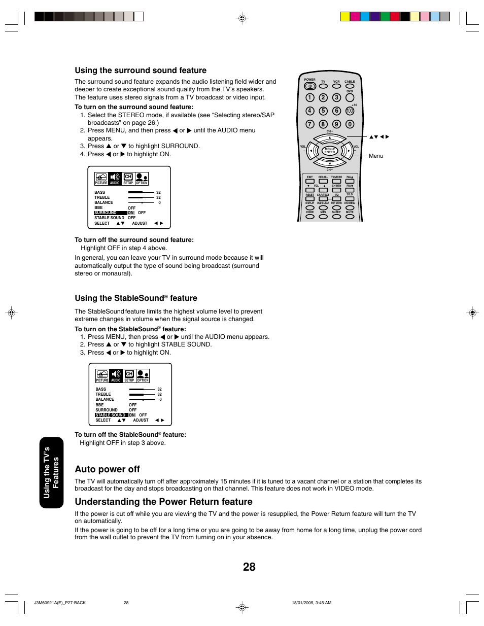 Auto power off, Understanding the power return feature, Using the stablesound | Feature, Using the surround sound feature, Using the tv ’s features | Toshiba 24AF45C User Manual | Page 28 / 32