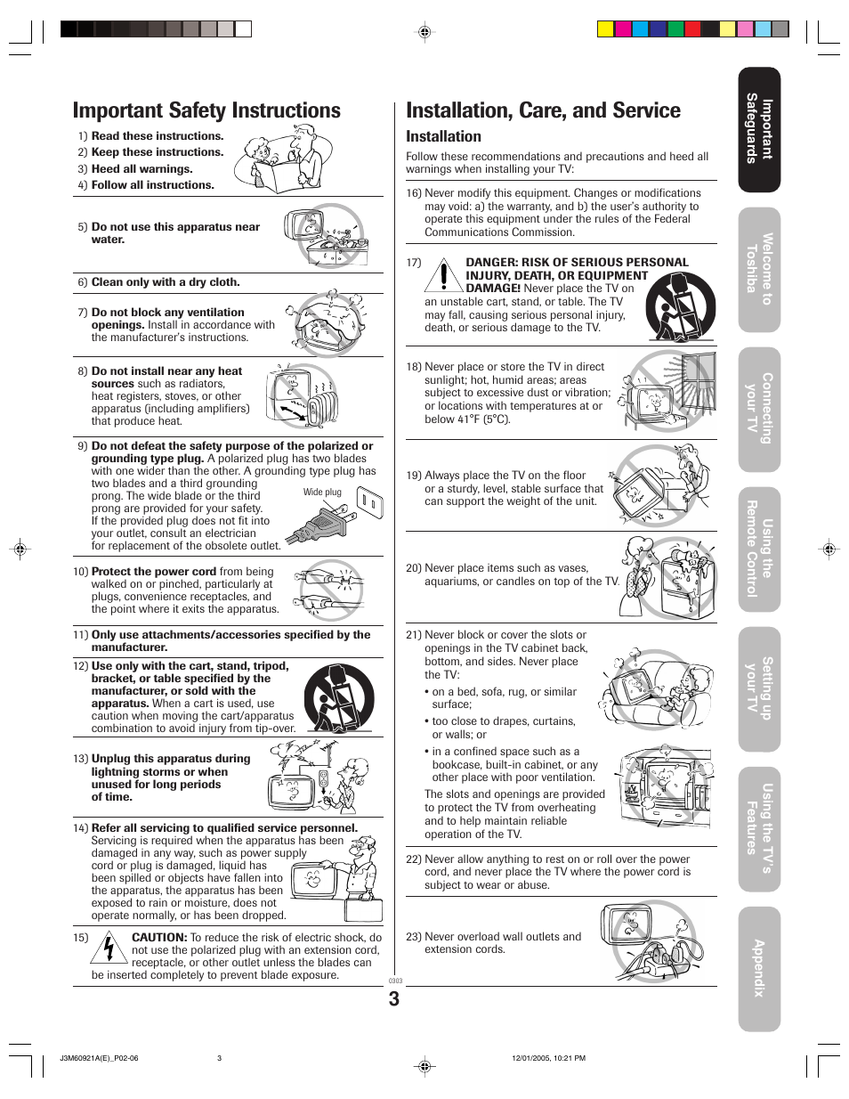 Important safety instructions, Installation, care, and service, Installation | Toshiba 24AF45C User Manual | Page 3 / 32