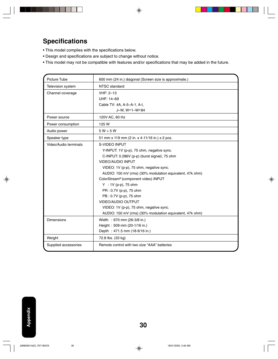 30 specifications | Toshiba 24AF45C User Manual | Page 30 / 32