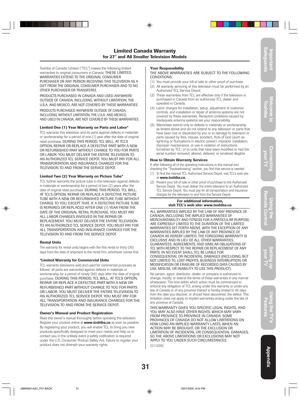 Limited canada warranty | Toshiba 24AF45C User Manual | Page 31 / 32