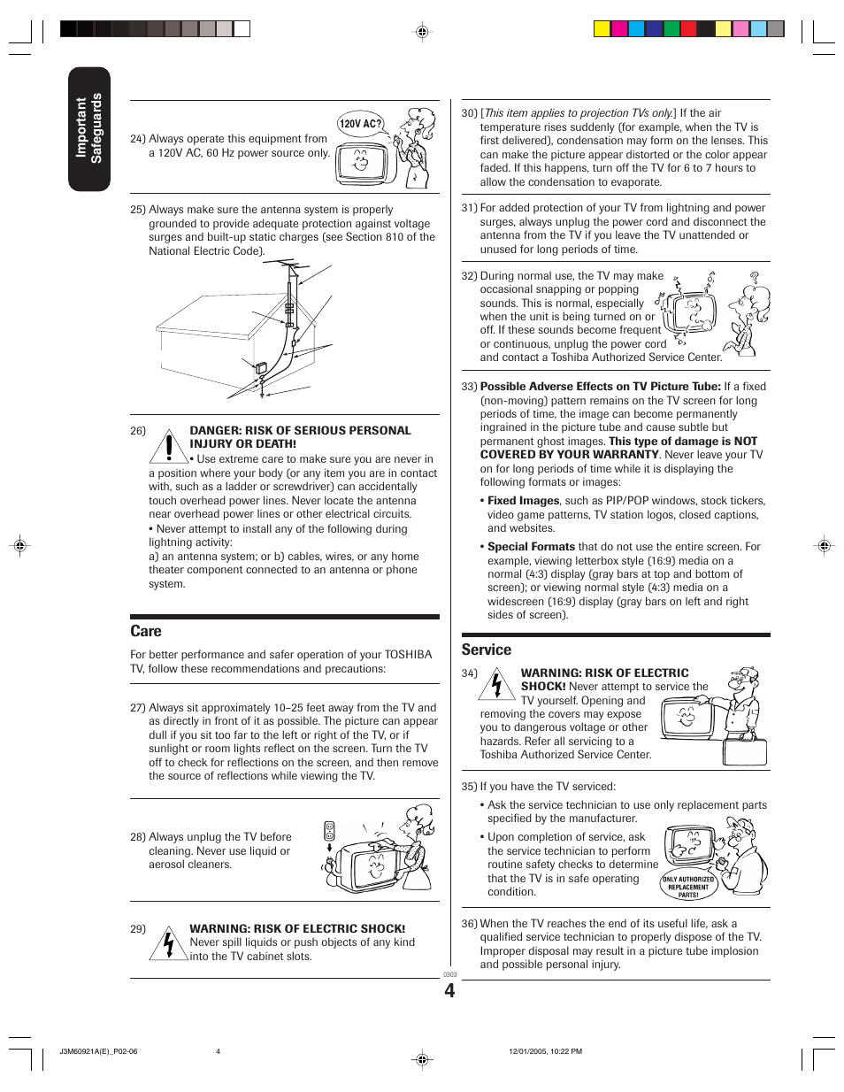 Care, Service | Toshiba 24AF45C User Manual | Page 4 / 32