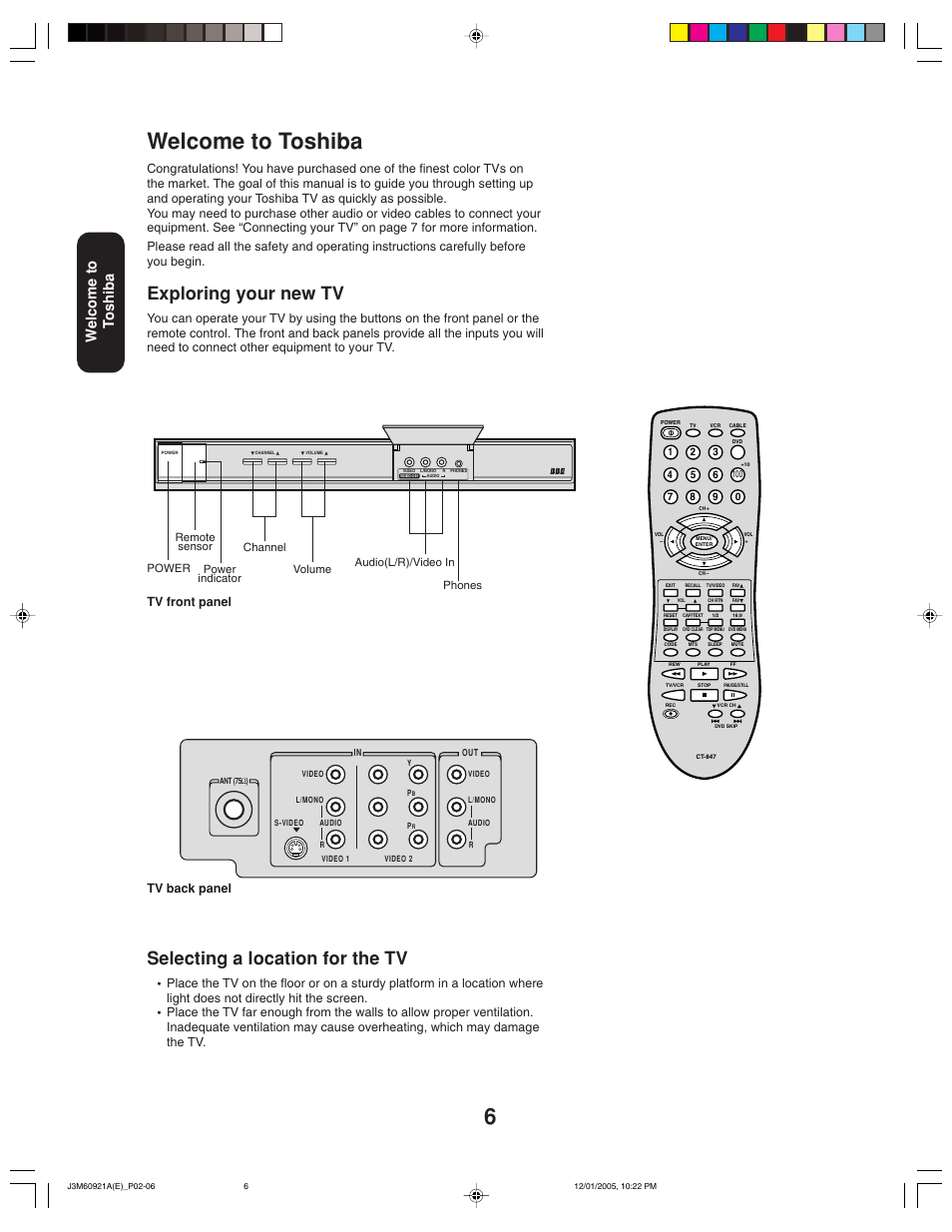 Welcome to toshiba, Selecting a location for the tv, Exploring your new tv | Welcome to t oshiba, Tv back panel tv front panel | Toshiba 24AF45C User Manual | Page 6 / 32