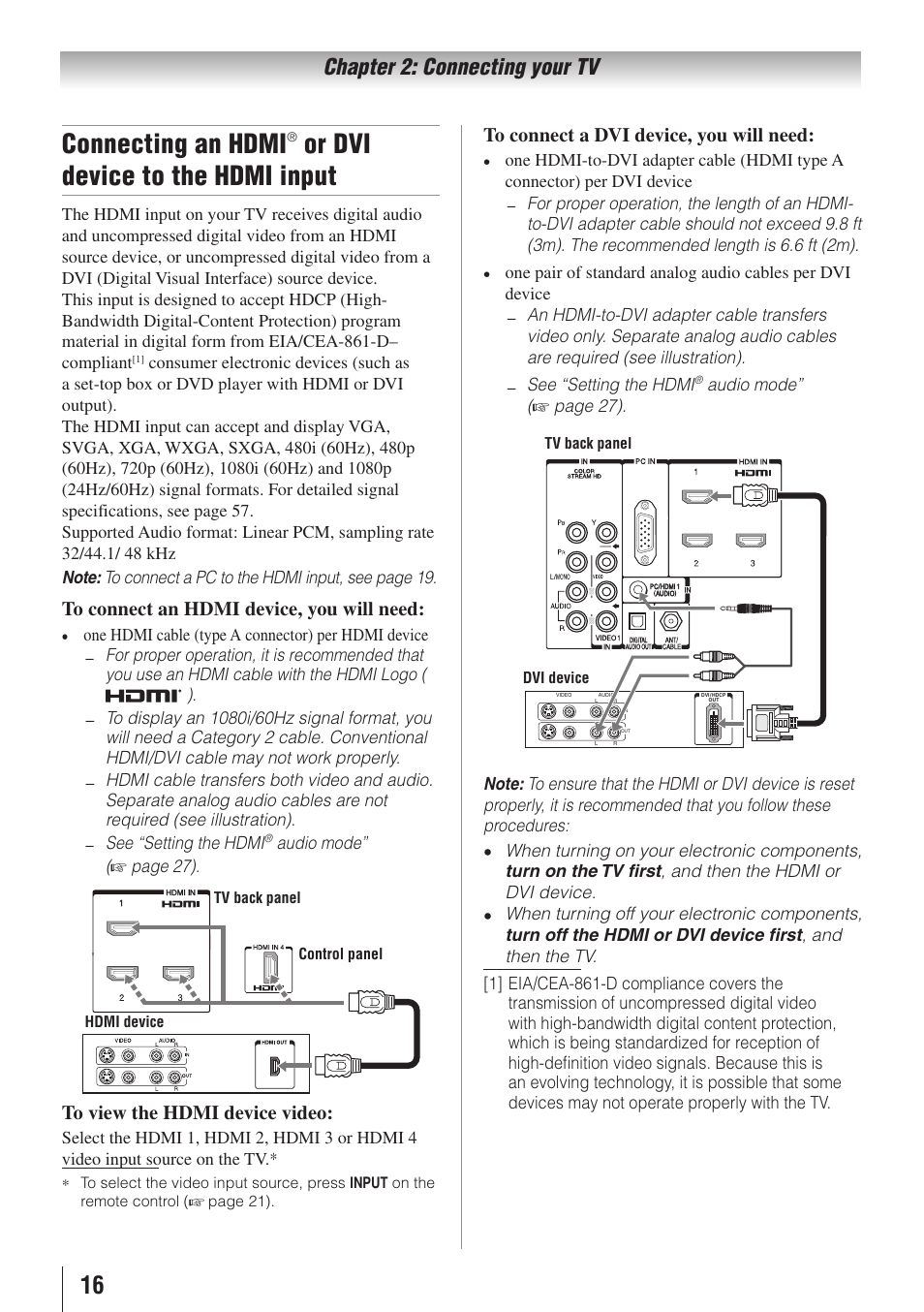 Connecting an hdmi, Or dvi device to the hdmi input, Chapter 2: connecting your tv | Toshiba 32E20U User Manual | Page 16 / 62