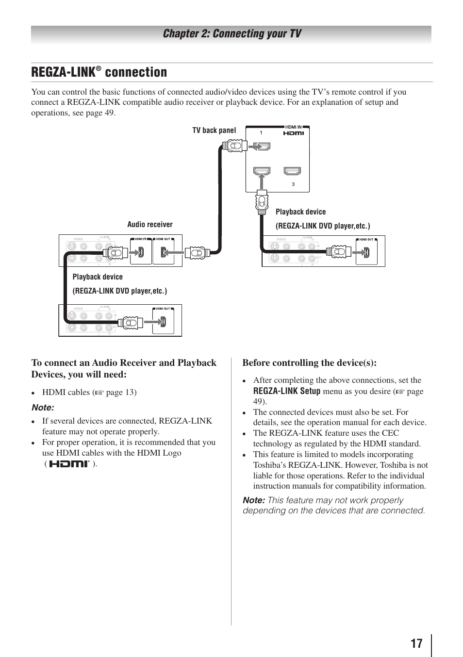 Regza-link, Connection | Toshiba 32E20U User Manual | Page 17 / 62