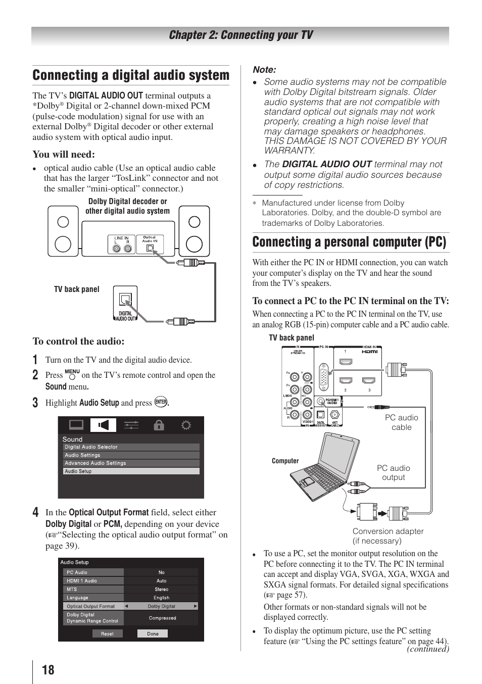 Connecting a digital audio system, Connecting a personal computer (pc), Chapter 2: connecting your tv | Toshiba 32E20U User Manual | Page 18 / 62