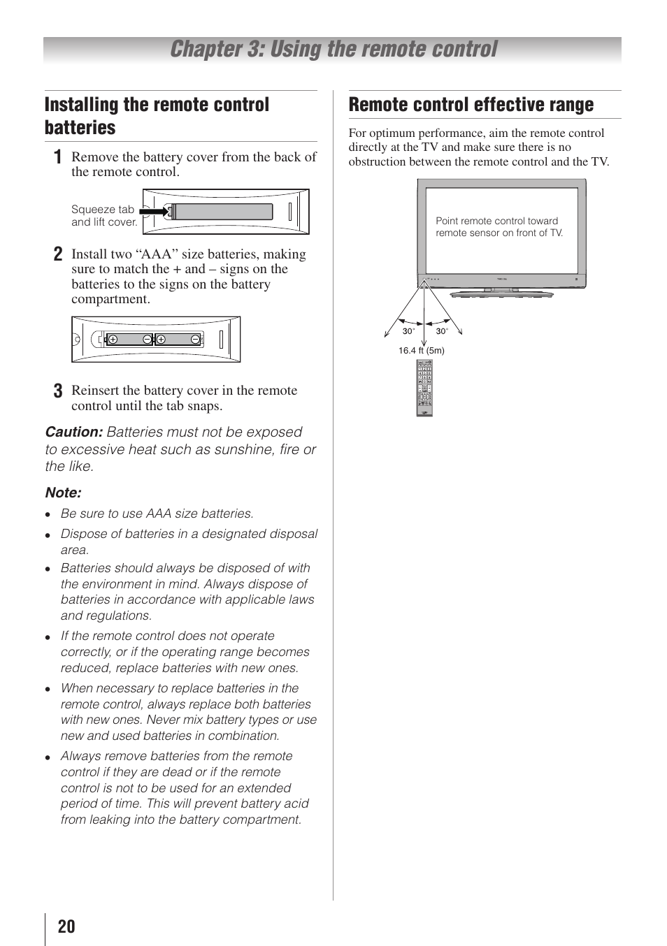 Chapter 3: using the remote control, Installing the remote control batteries 1無, Remote control effective range | Toshiba 32E20U User Manual | Page 20 / 62