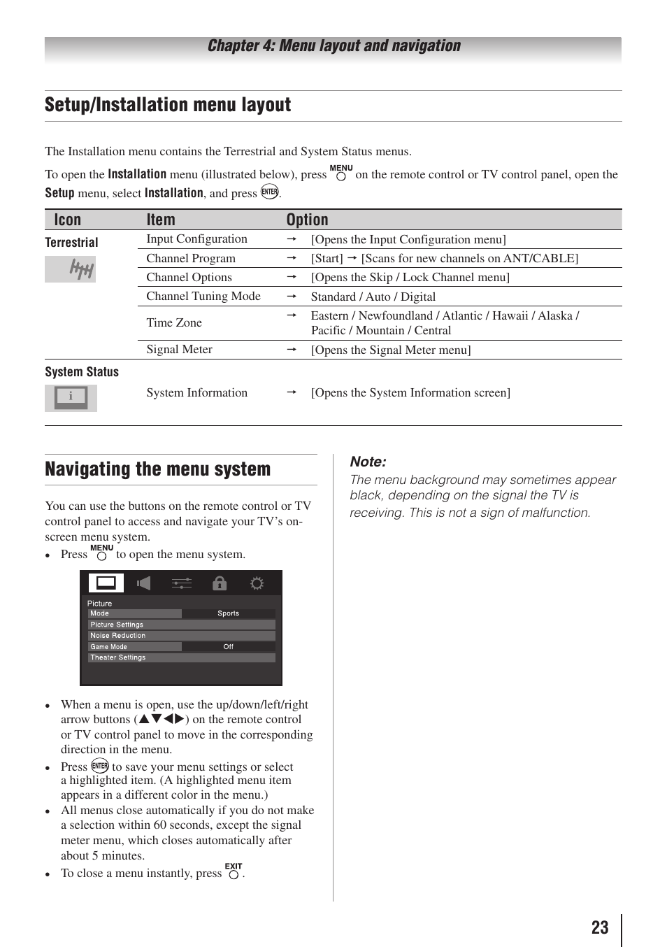 Setup/installation menu layout, Navigating the menu system | Toshiba 32E20U User Manual | Page 23 / 62