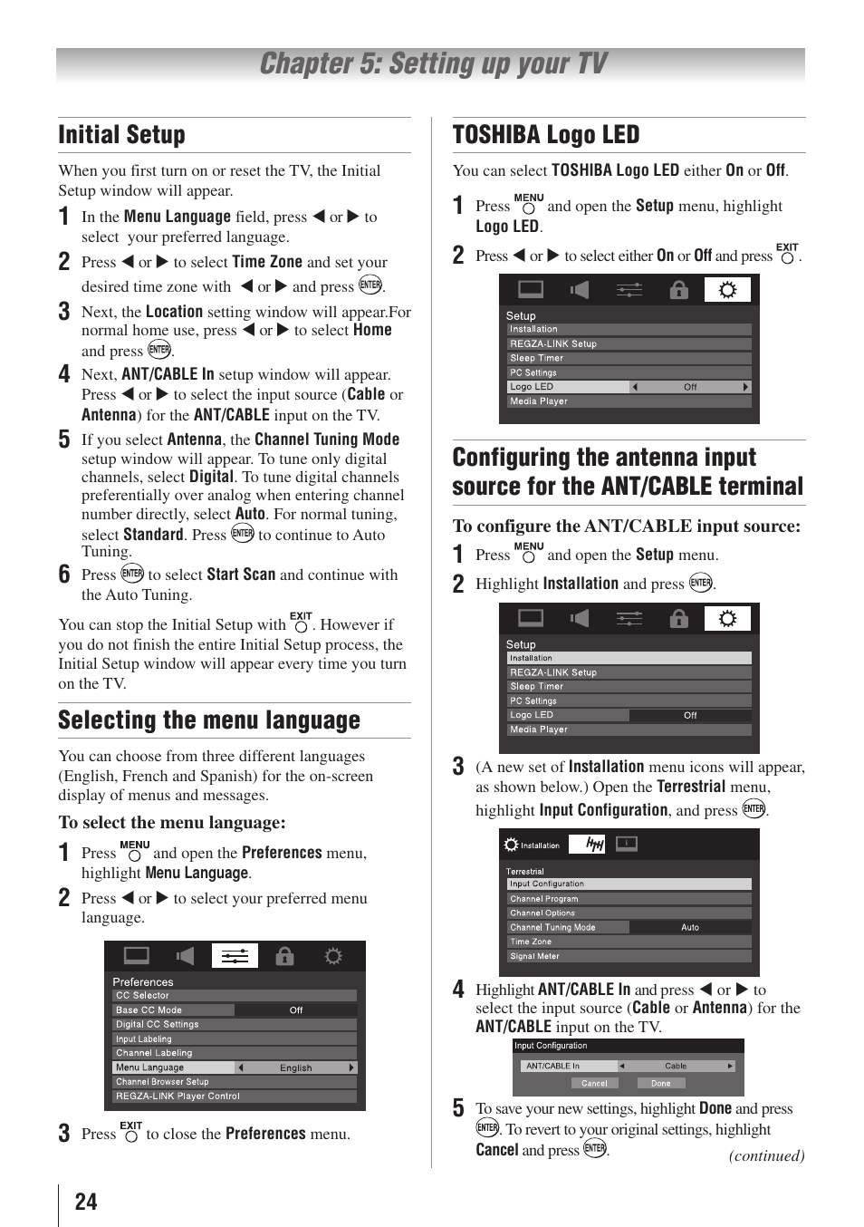 Chapter 5: setting up your tv, Initial setup, Selecting the menu language | Toshiba logo led | Toshiba 32E20U User Manual | Page 24 / 62