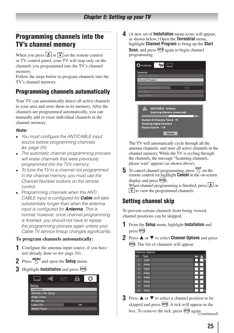 Programming channels automatically, Setting channel skip | Toshiba 32E20U User Manual | Page 25 / 62