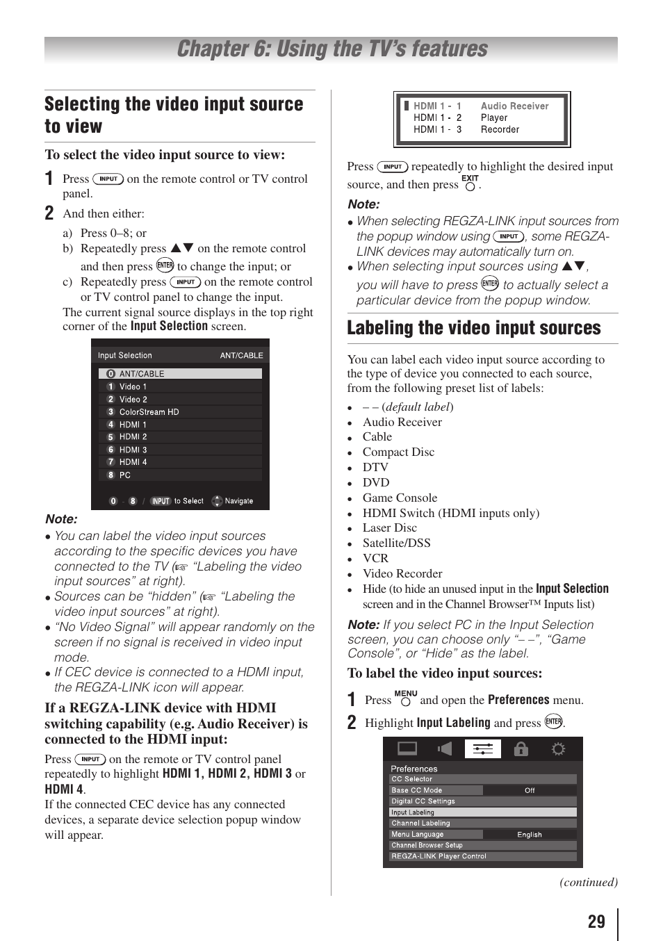 Chapter 6: using the tv’s features, Selecting the video input source to view, Labeling the video input sources | Toshiba 32E20U User Manual | Page 29 / 62