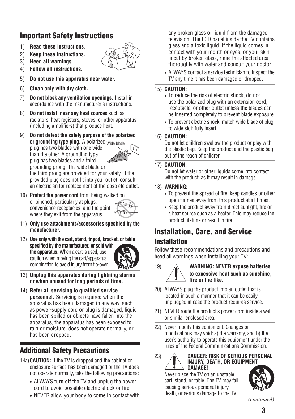 3important safety instructions, Additional safety precautions, Installation, care, and service | Installation | Toshiba 32E20U User Manual | Page 3 / 62