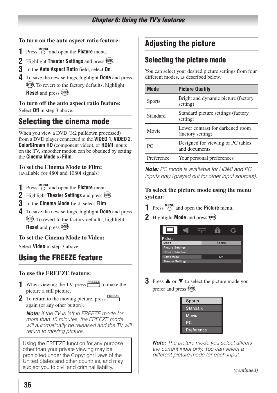 Selecting the cinema mode, Using the freeze feature, Adjusting the picture | Selecting the picture mode | Toshiba 32E20U User Manual | Page 36 / 62