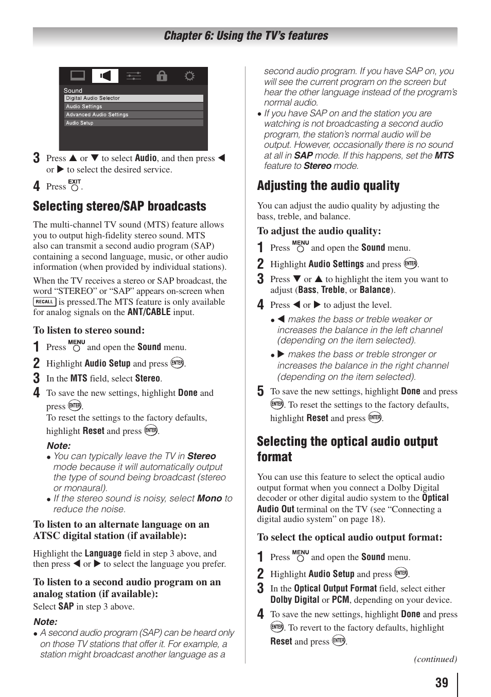 Selecting stereo/sap broadcasts, Adjusting the audio quality, Selecting the optical audio output format | Toshiba 32E20U User Manual | Page 39 / 62