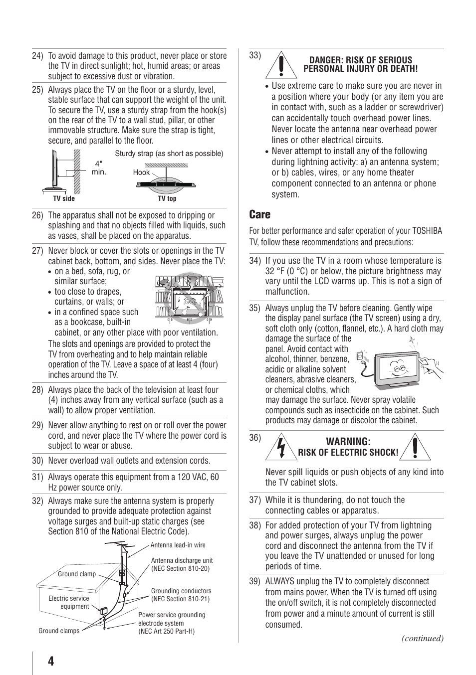 Care | Toshiba 32E20U User Manual | Page 4 / 62