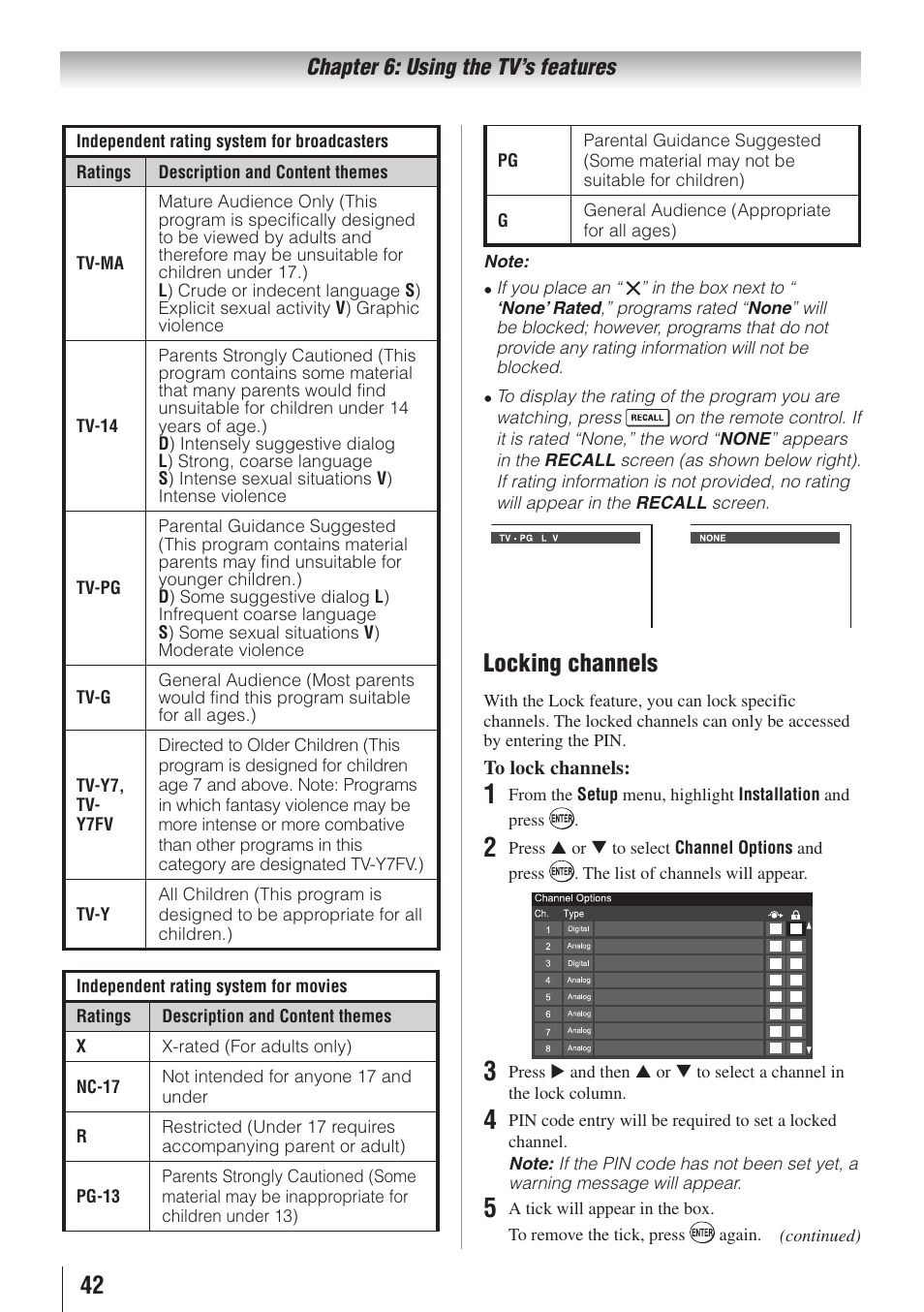 Locking channels | Toshiba 32E20U User Manual | Page 42 / 62