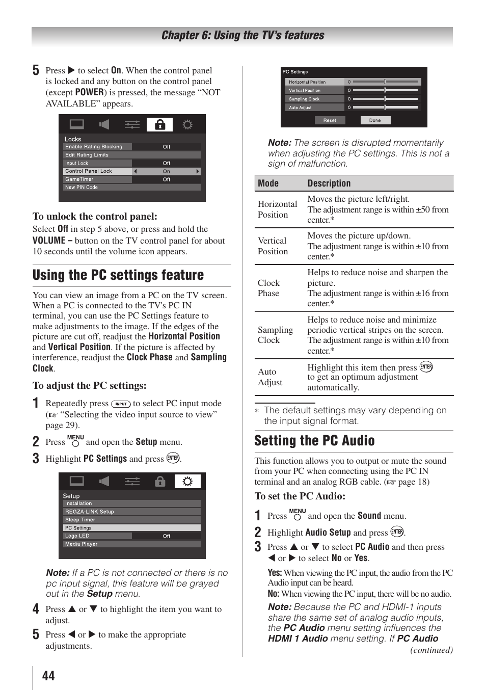 Using the pc settings feature, Setting the pc audio | Toshiba 32E20U User Manual | Page 44 / 62