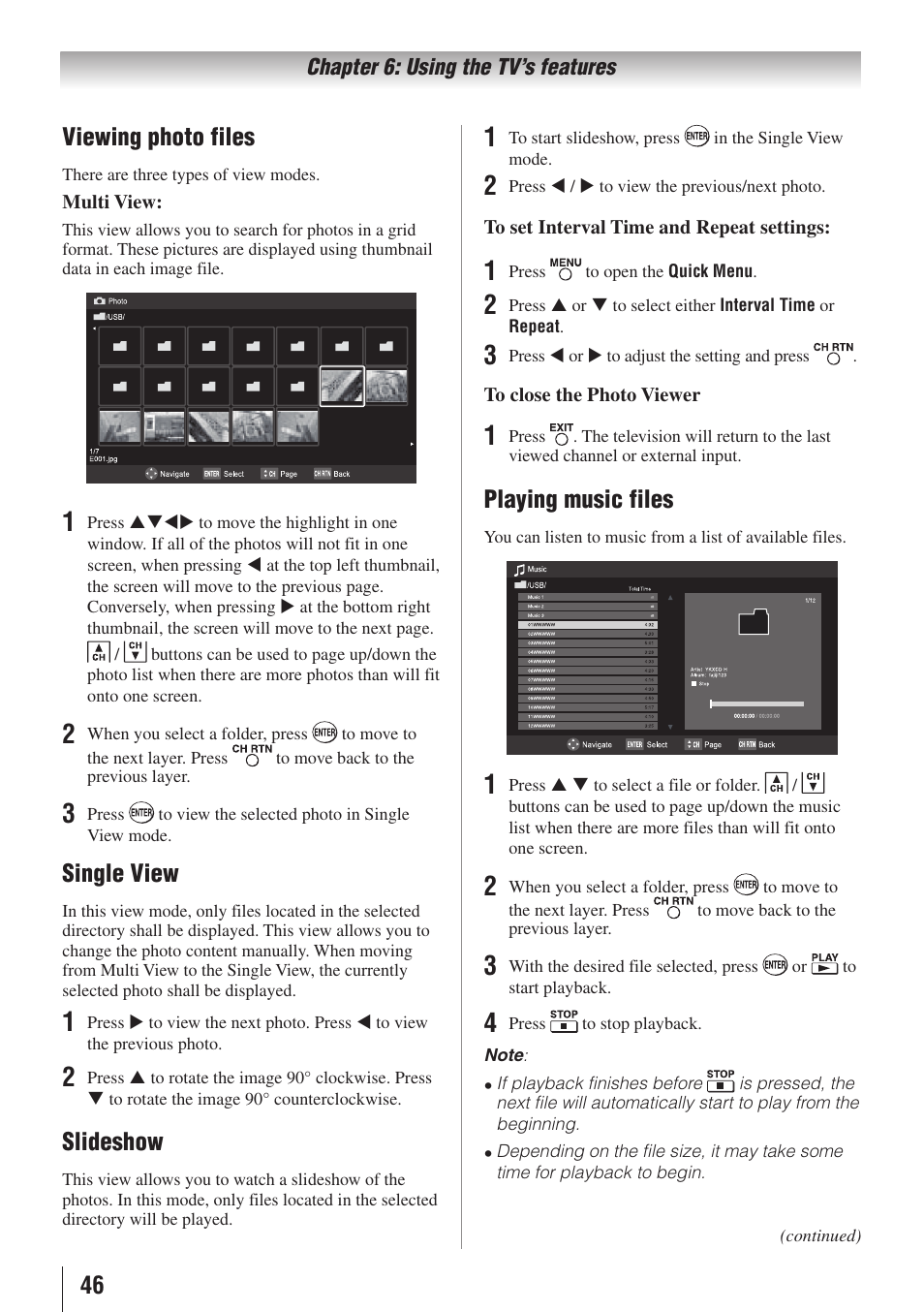 46 viewing photo files, Single view, Slideshow | Playing music files | Toshiba 32E20U User Manual | Page 46 / 62