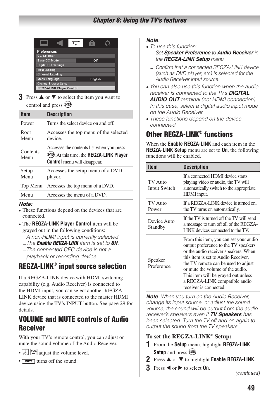 Regza-link, Input source selection, Volume and mute controls of audio receiver | Other regza-link, Functions | Toshiba 32E20U User Manual | Page 49 / 62