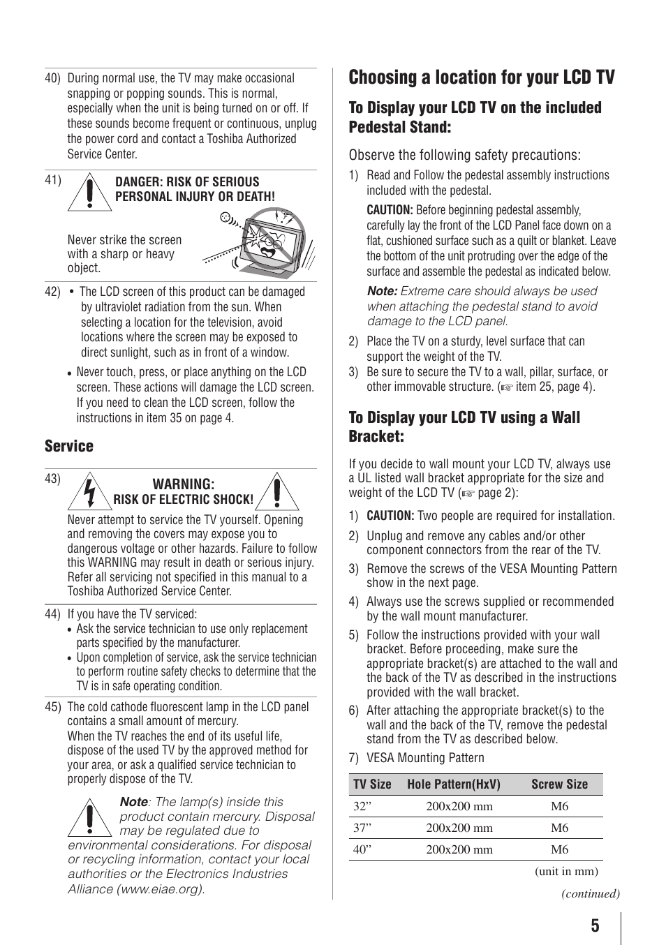 Choosing a location for your lcd tv, Service | Toshiba 32E20U User Manual | Page 5 / 62