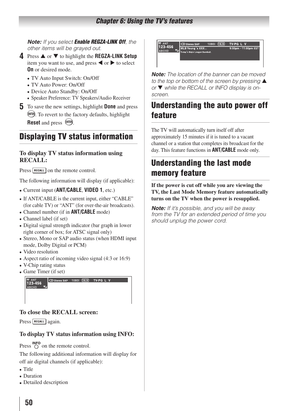 Displaying tv status information, Understanding the auto power off feature | Toshiba 32E20U User Manual | Page 50 / 62