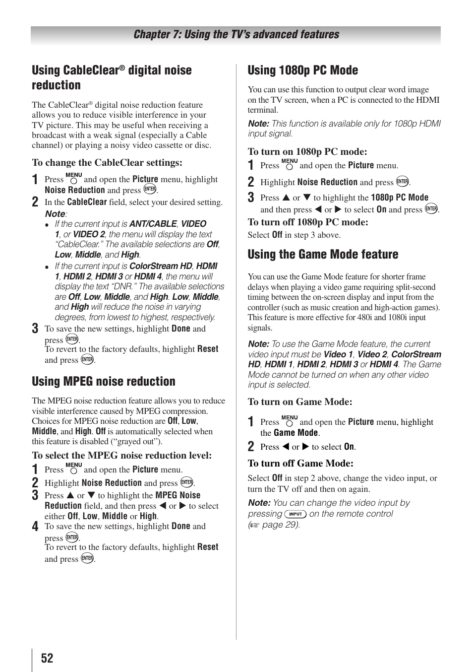 52 using cableclear, Digital noise reduction, Using mpeg noise reduction | Using 1080p pc mode, Using the game mode feature | Toshiba 32E20U User Manual | Page 52 / 62