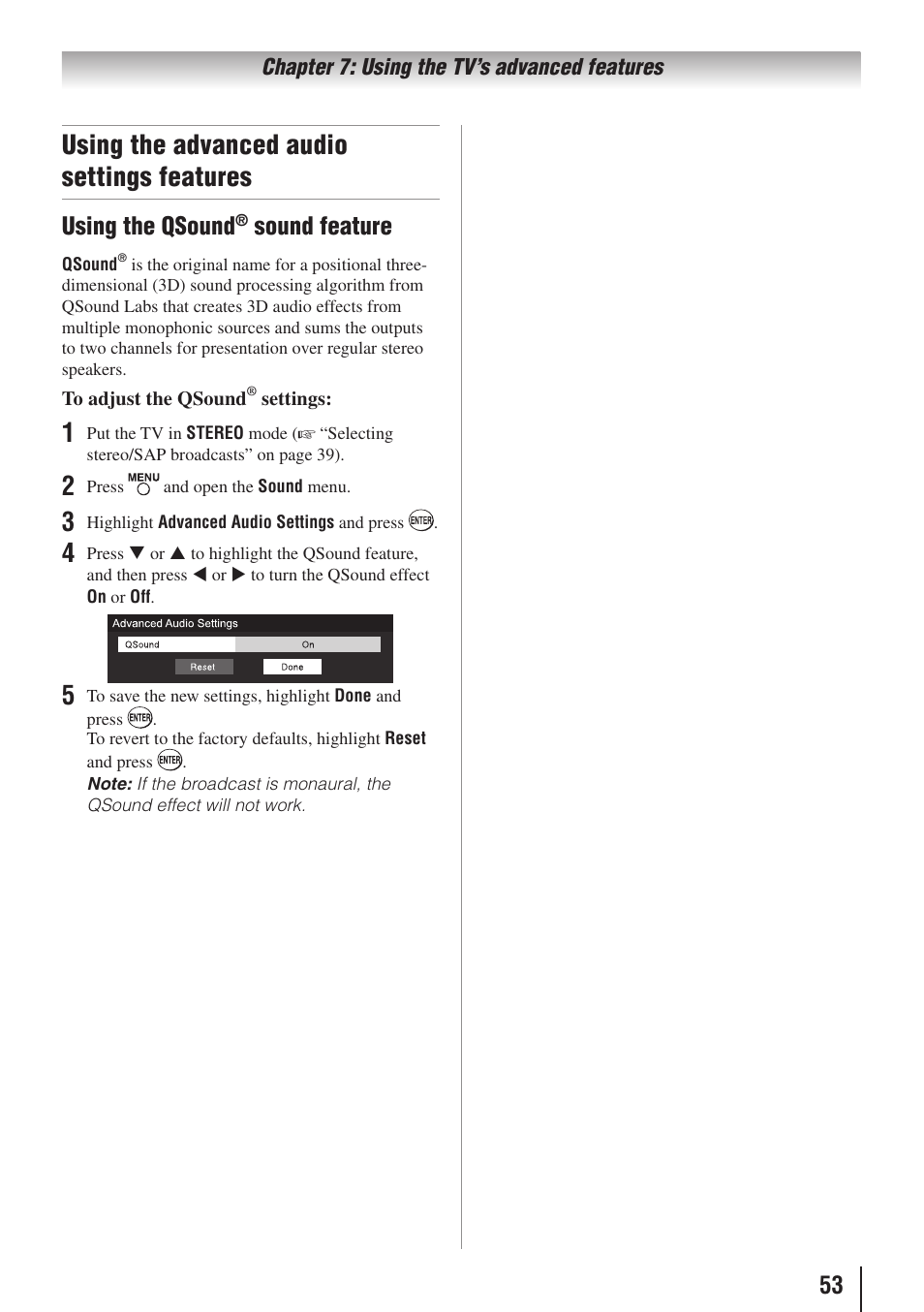 Using the advanced audio settings features, Using the qsound, Sound feature | Toshiba 32E20U User Manual | Page 53 / 62