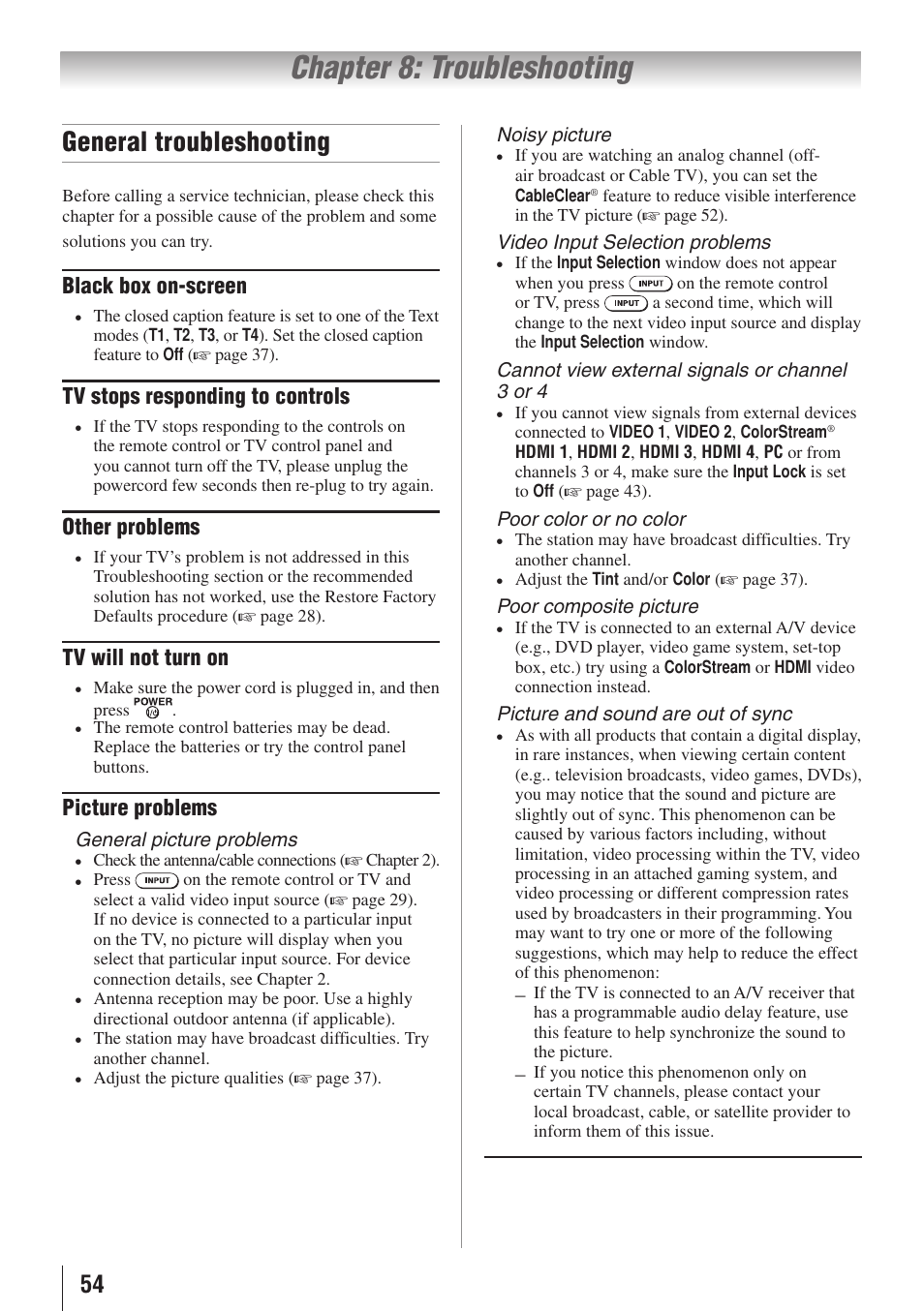 Chapter 8: troubleshooting, General troubleshooting | Toshiba 32E20U User Manual | Page 54 / 62