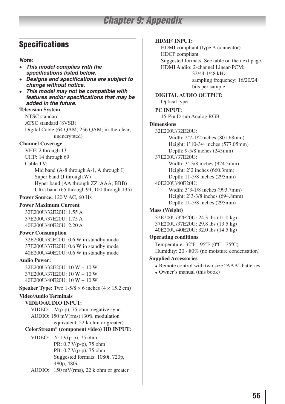 Chapter 9: appendix, Specifications | Toshiba 32E20U User Manual | Page 56 / 62